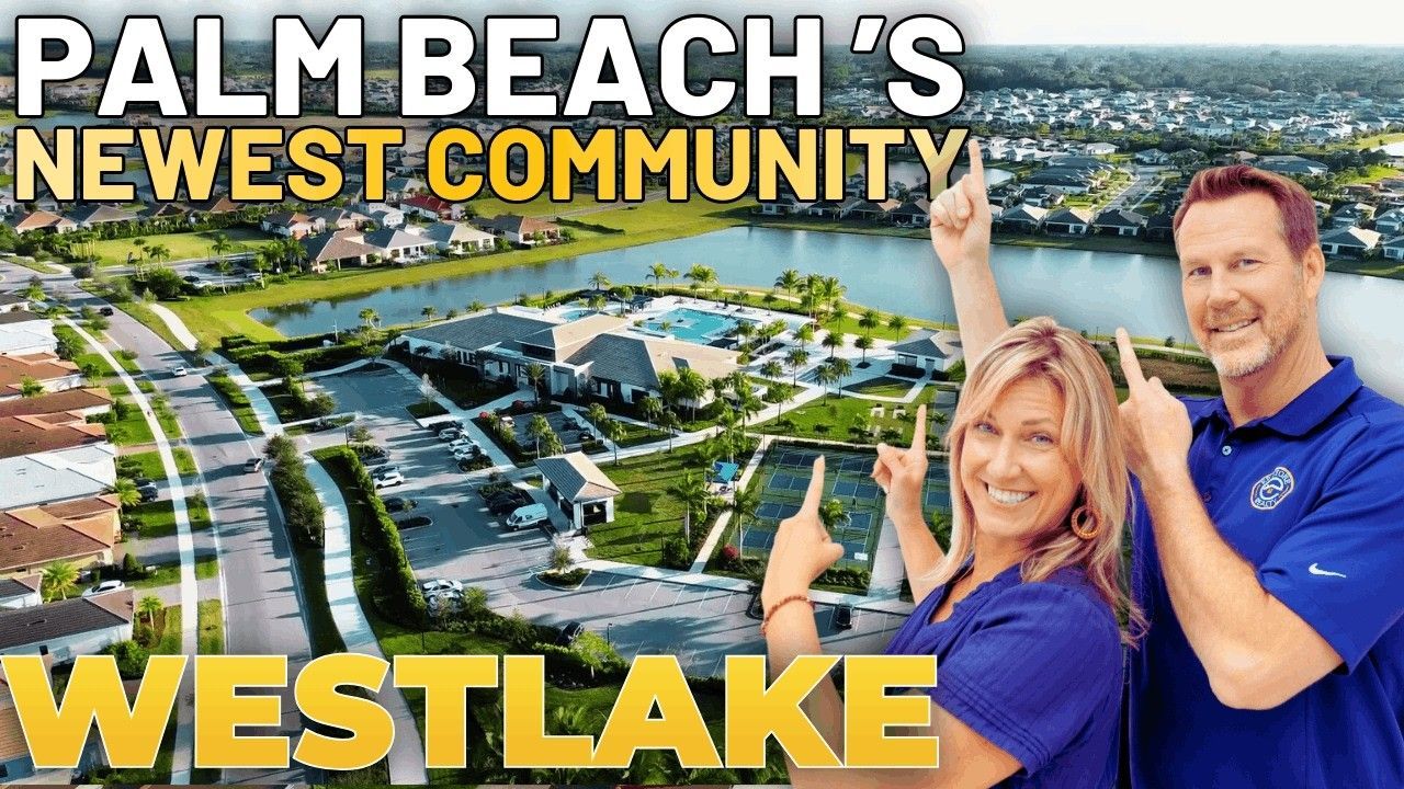 Palm Beach’s newest community, Westlake, with a smiling couple in blue shirts overlooking homes and waterways