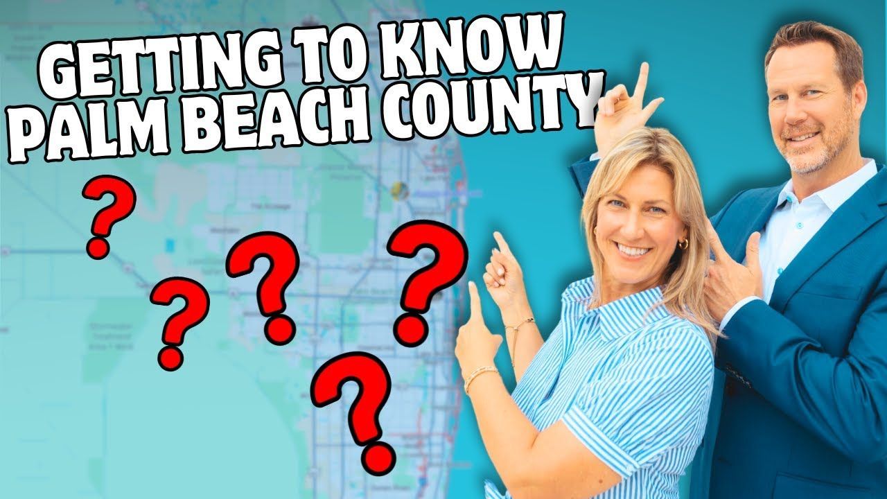 “Getting to Know Palm Beach County” title with two smiling hosts and red question marks on a blue background