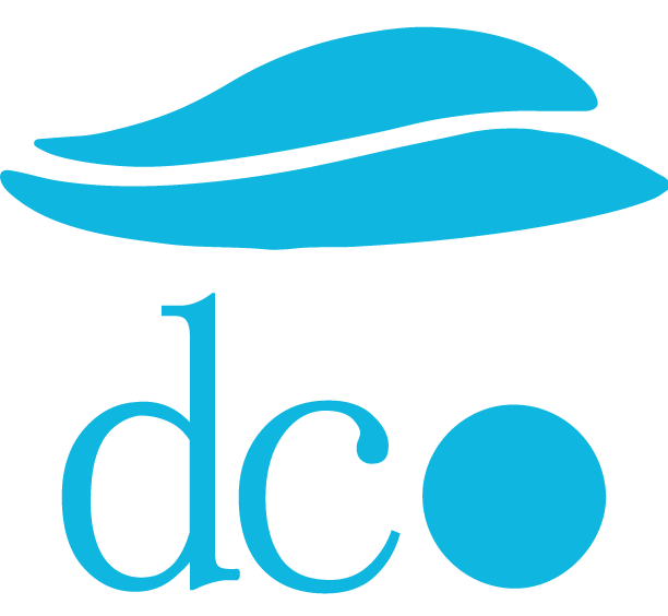 A blue and white logo for dco with a wave