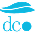 A blue and white logo for dco with a wave