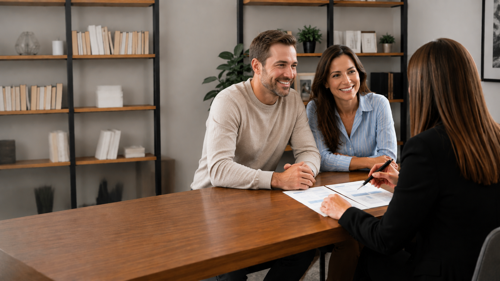 Two People Smiling During a Meeting Across a Table in A Modern Office — Midcoast Financial Planning Group in Tuncurry, NSW