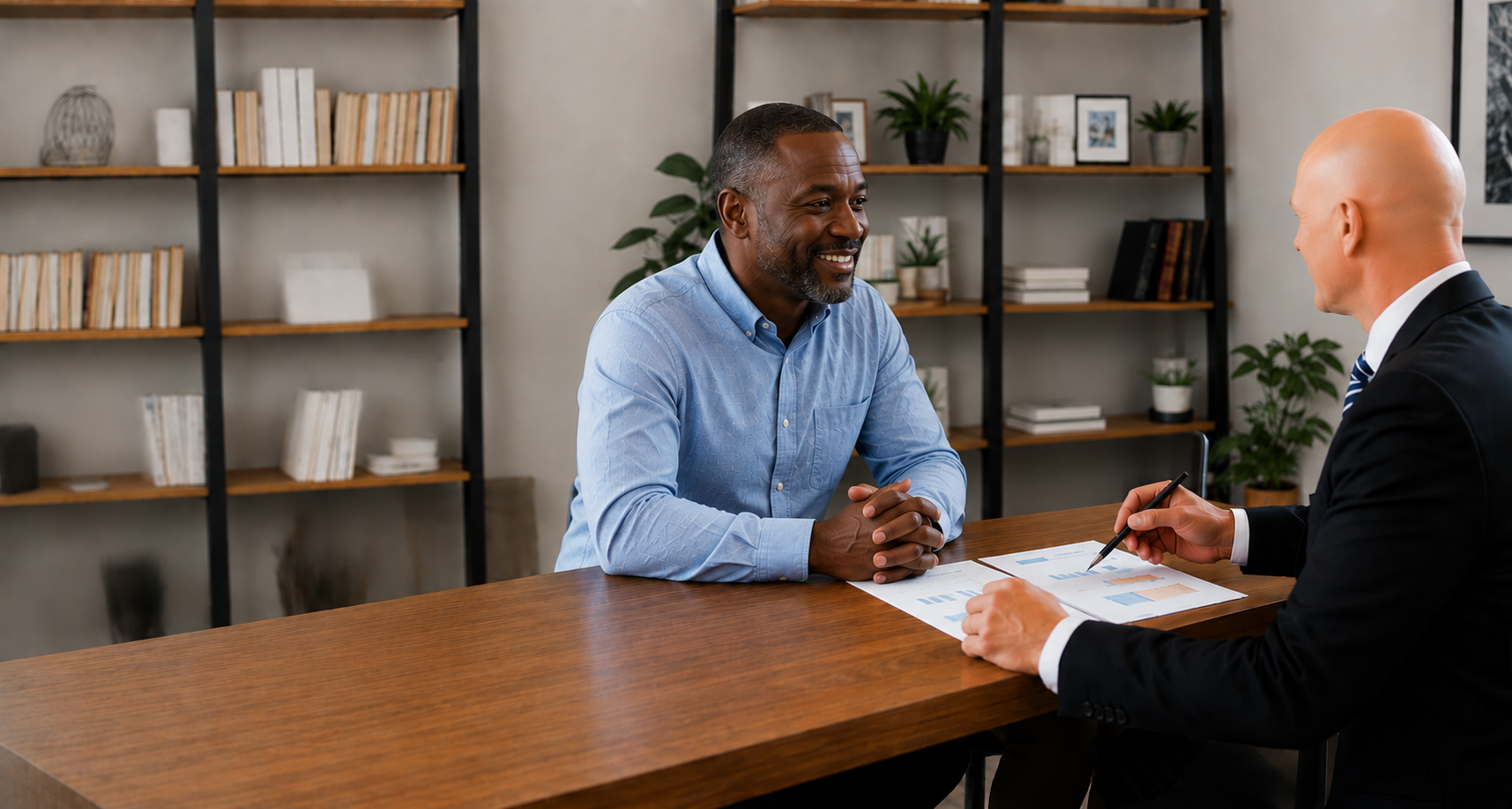 Two People Talking in An Office with Shelves and Plants — Midcoast Financial Planning Group in Tuncurry, NSW