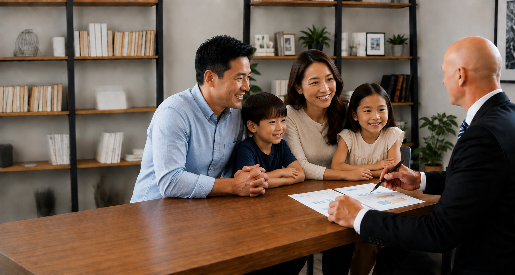 Family with A Financial Advisor at A Wooden Table in A Bright Office — Midcoast Financial Planning Group in Tuncurry, NSW