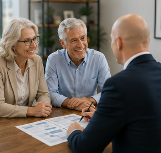 Two people smiling across a table in a meeting with a suited man showing documents — Midcoast Financial Planning Group in Tuncurry, NSW