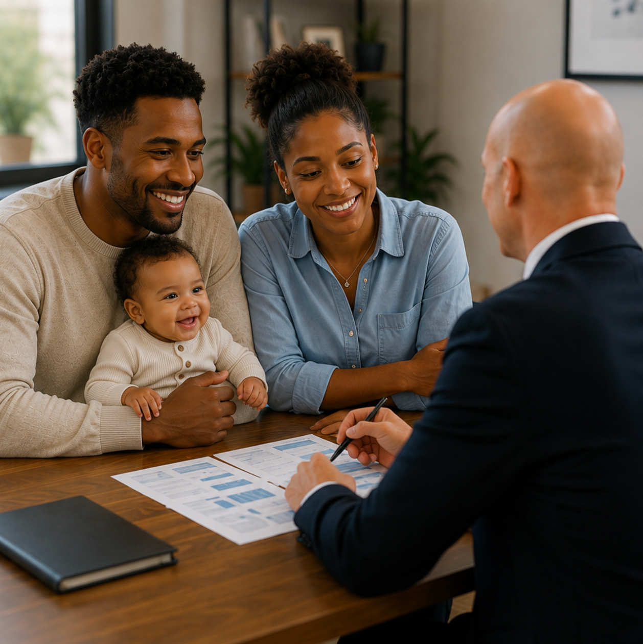 Family meeting with an advisor at a table, reviewing documents while holding a baby. — Midcoast Financial Planning Group in Tuncurry, NSW