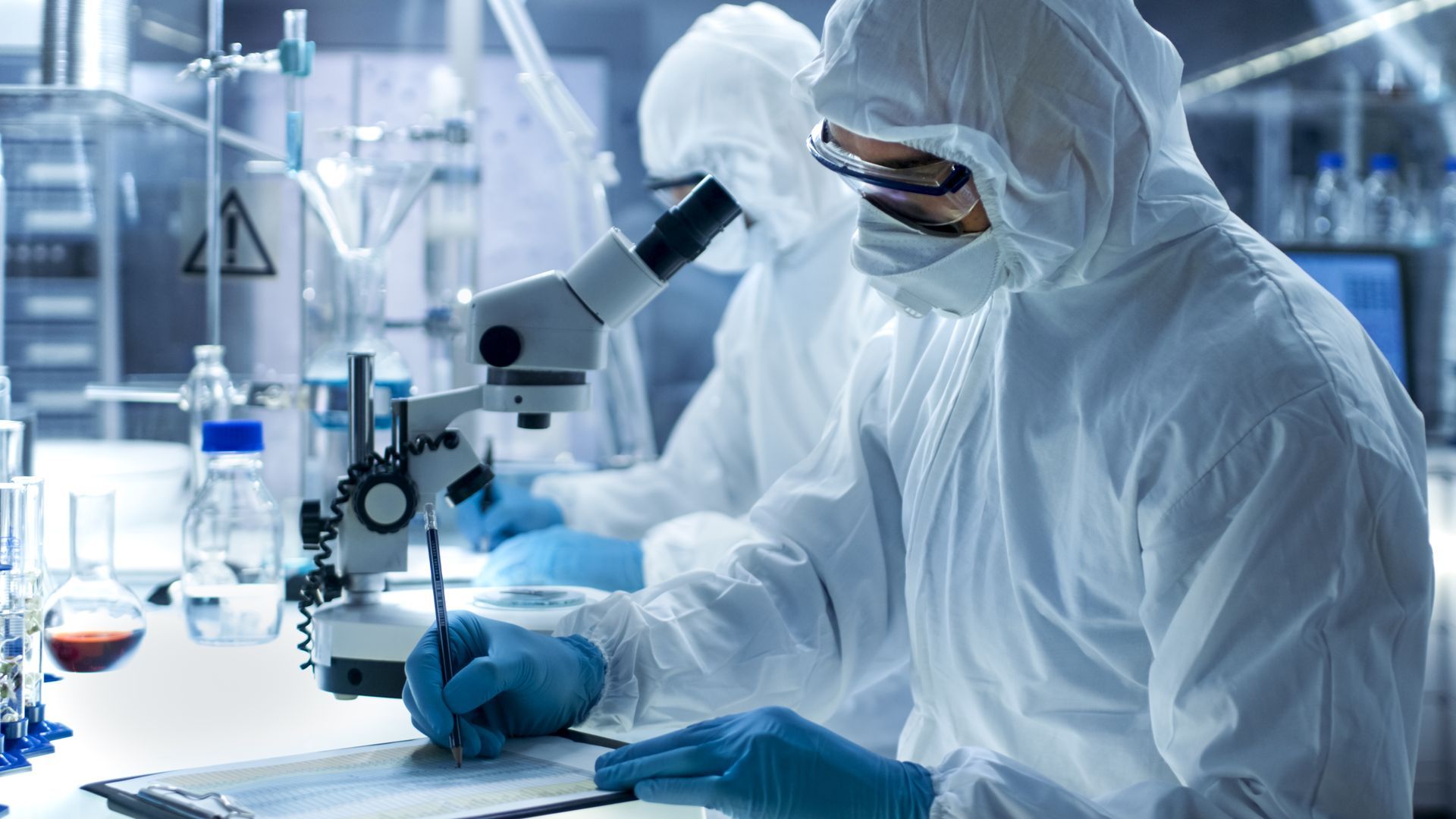 laboratory researcher wearing protective suit