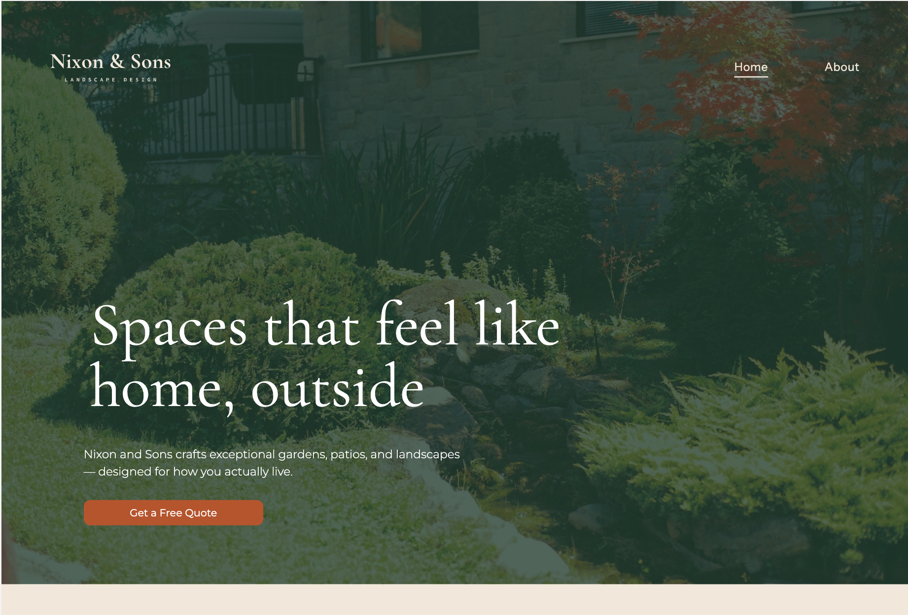 Homepage hero banner with garden backdrop and headline “Spaces that feel like home, outside”