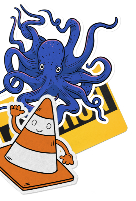 Blue octopus mascot on a tilted yellow and orange traffic cone sign