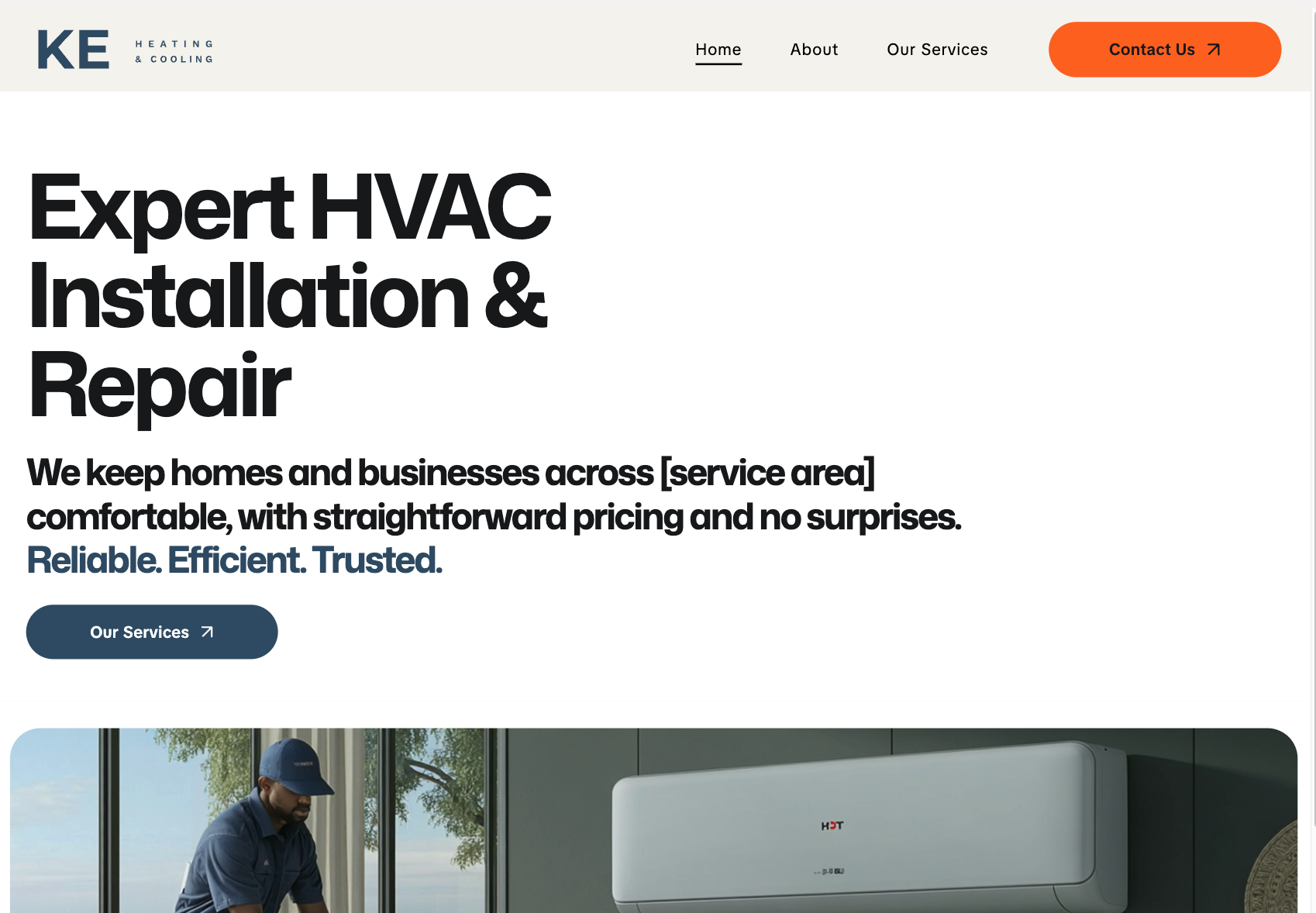 HVAC company homepage with large headline, service navigation, and technician and AC unit images