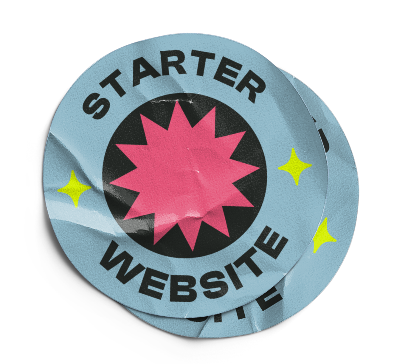 Blue circular “Starter Website” badge with a pink starburst center and yellow sparkles