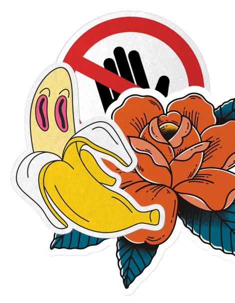 No smoking sign over a flower and a cartoon banana mascot
