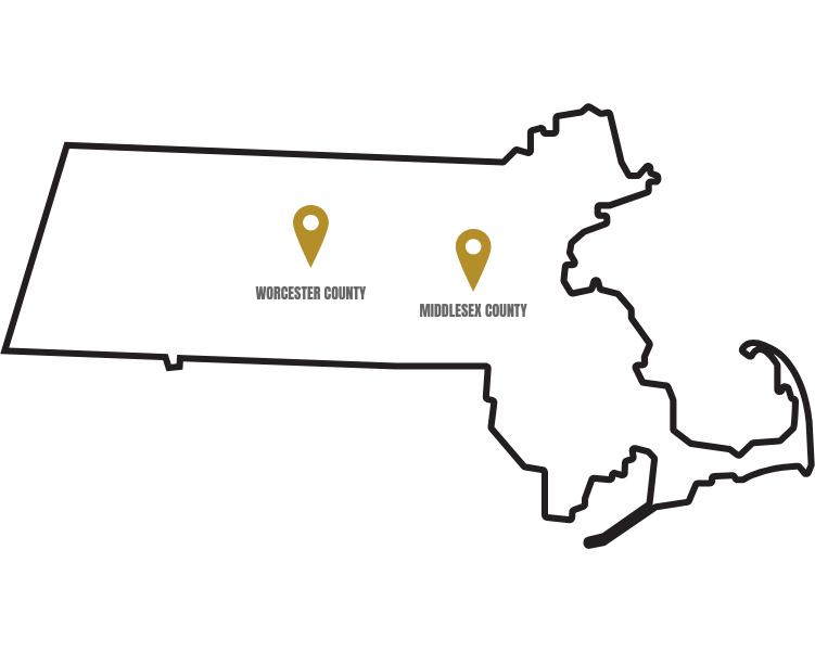 Map of Massachusetts with golden location pins marking Worcester County and Middlesex County.