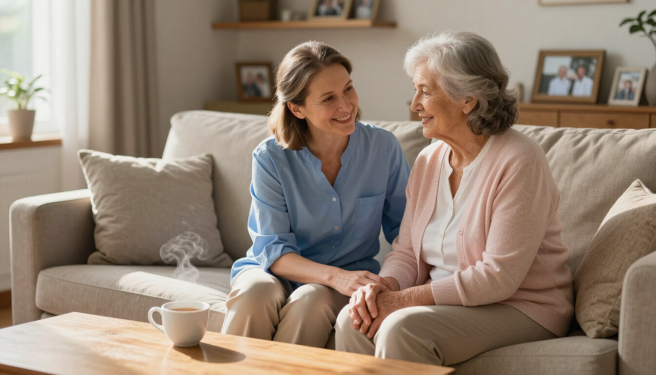 Caregiver providing in-home care to an elderly woman — Comforting Home Care by Phoebe senior care.