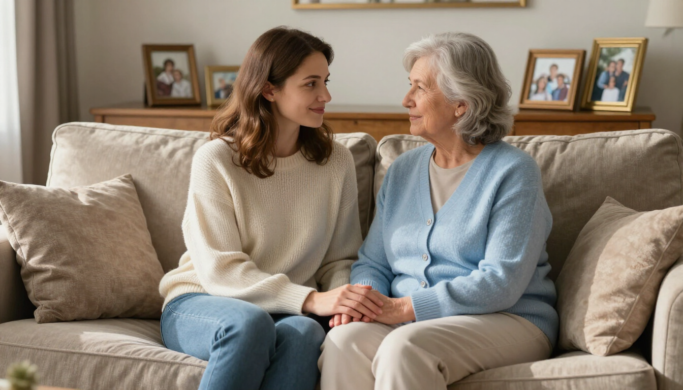 Adult daughter having an empathetic conversation with her aging mother about care needs.