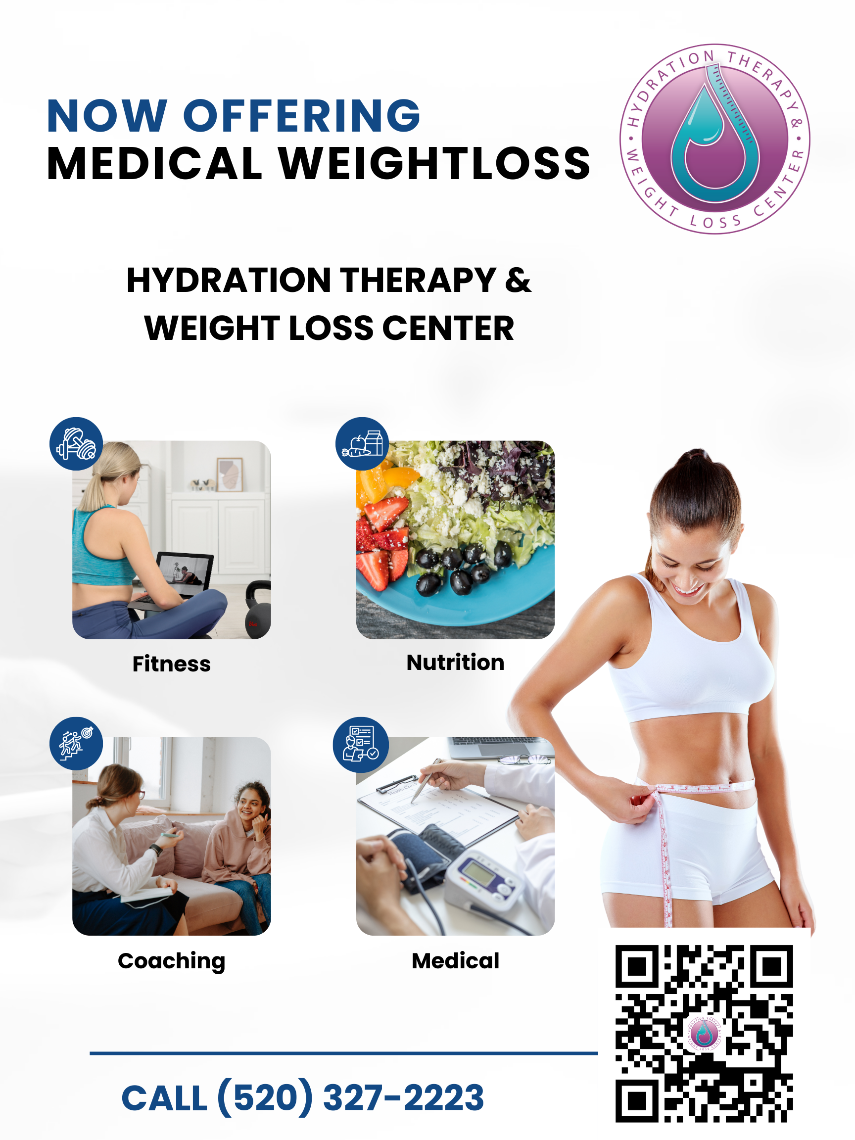 Medical weight loss center ad with icons: fitness, nutrition, coaching, medical. Phone number.