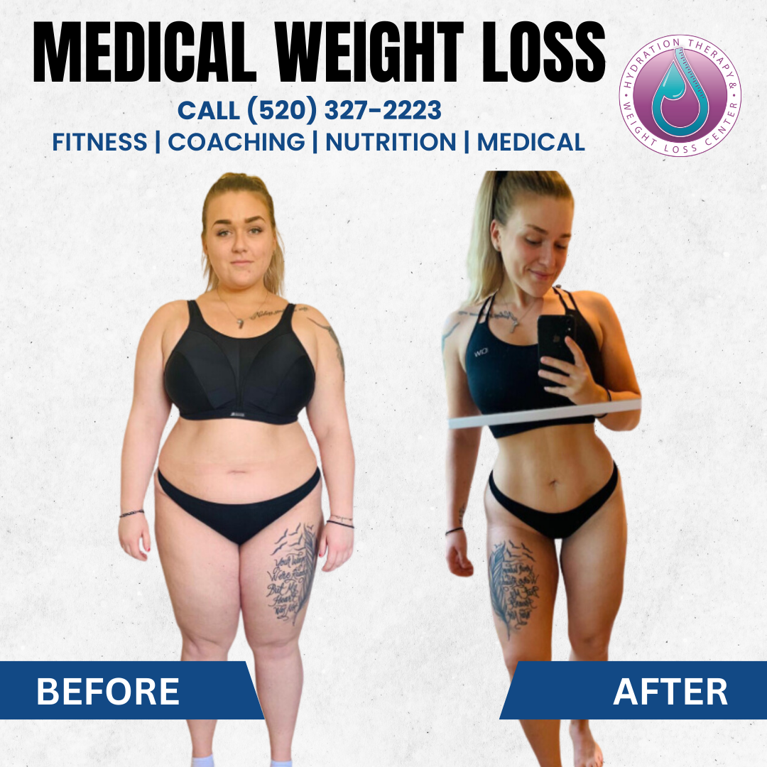 Weight loss ad with before/after photos. A woman in black underwear and sports bra. Text: 