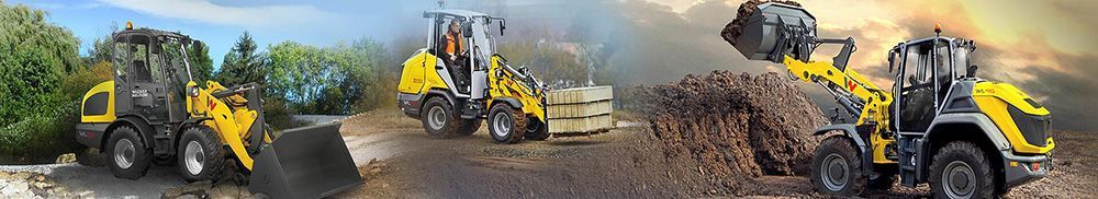 Chargeuses de chantier jaunes dans divers contextes, notamment pour le transport de terre et le travail en milieu arboré.