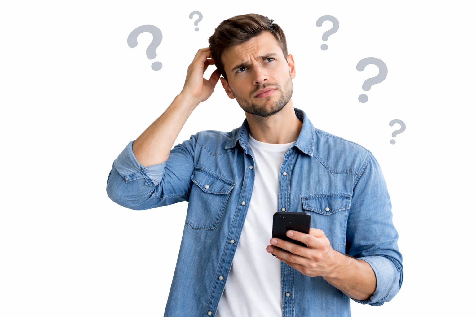 A man looking confused while holding a smartphone, with question mark icons floating around him against a white background.