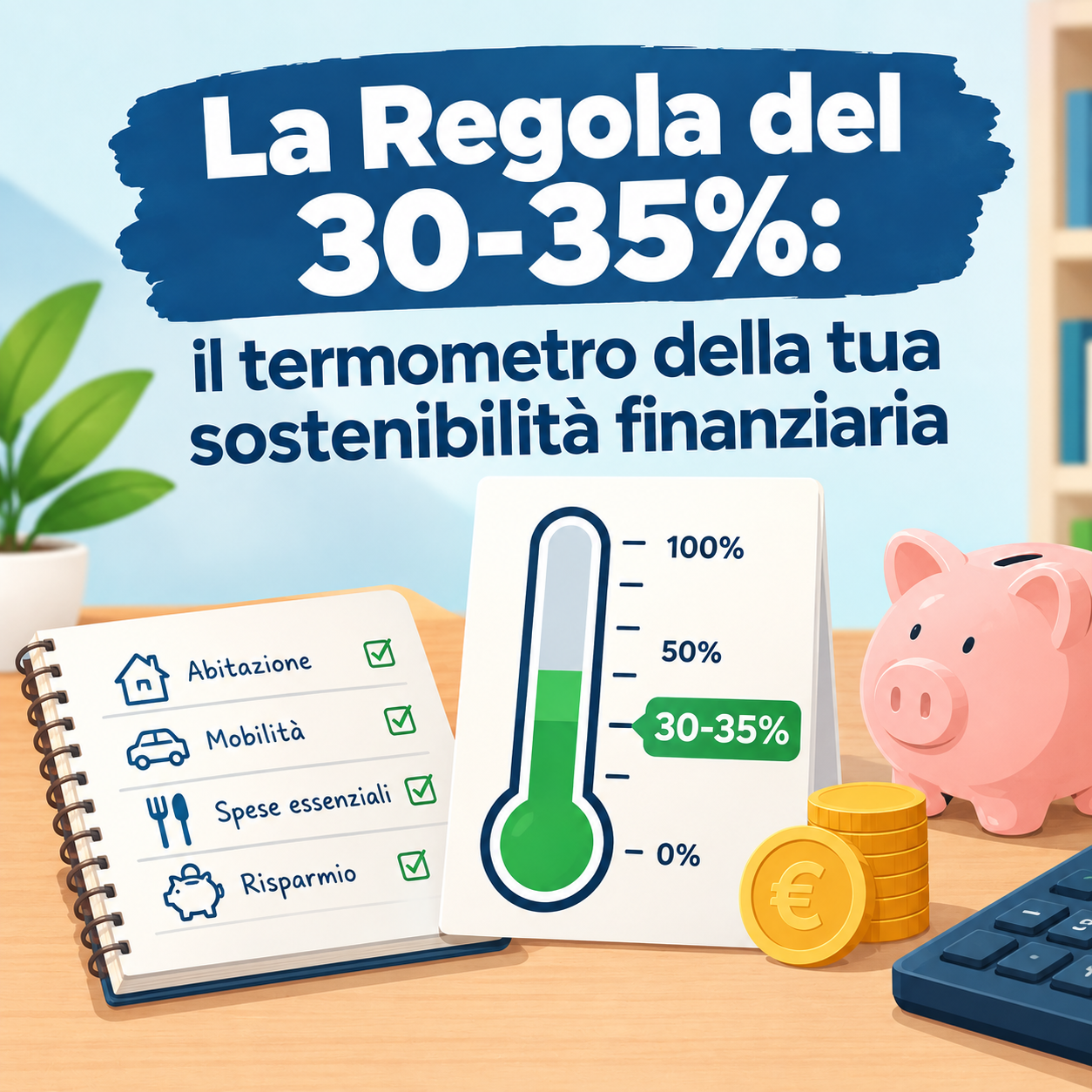 La regola del 30-35% indica una soglia di riferimento per valutare quanto il peso delle rate incida sul reddito e la sostenibilità finanziaria. Illustrazione sul rapporto rata-reddito: un termometro indica la soglia del 30-35%, affiancato da un salvadanaio, monete, un quaderno con le principali spese e una calcolatrice, a rappresentare la sostenibilità finanziaria.