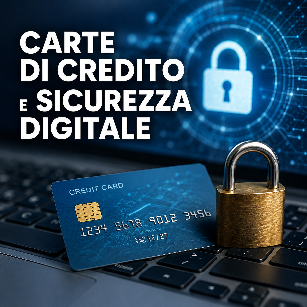 Una carta di credito blu appoggiata su una tastiera di laptop accanto a un lucchetto metallico, con sfondo digitale luminoso e scritta “Carte di Credito e Sicurezza Digitale”, simbolo di protezione dei pagamenti online e cybersecurity finanziaria.