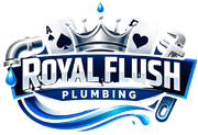 Logo for Royal Flush Plumbing with a crown, playing cards, and a wrench on a blue, water-themed background.