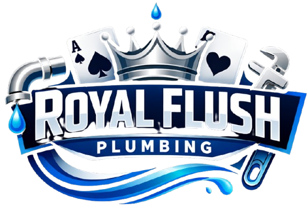 Logo for Royal Flush Plumbing with a crown, playing cards, and a wrench on a blue, water-themed background.