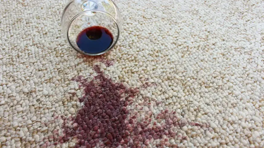 A glass of red wine spilled on a carpet.