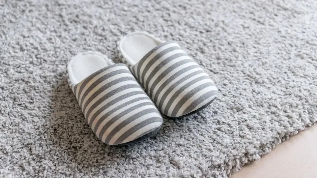 A pair of striped slippers are sitting on a gray rug.