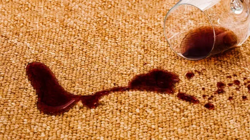 A glass of wine has spilled on a carpet.