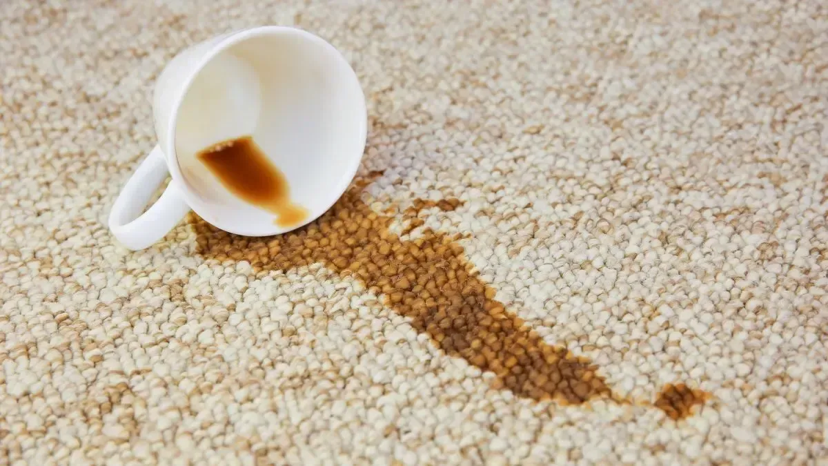 A cup of coffee spilled on a carpet.