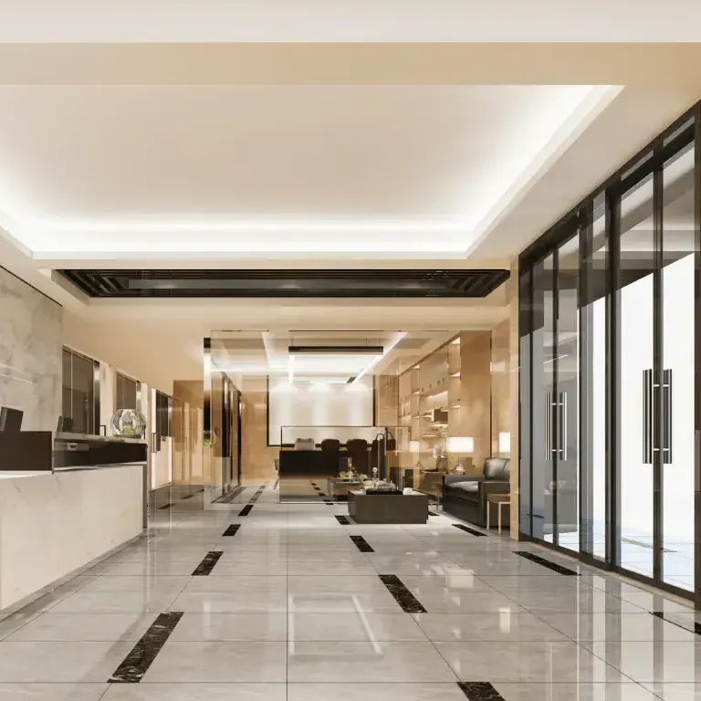 A 3d rendering of a hotel lobby with a marble floor