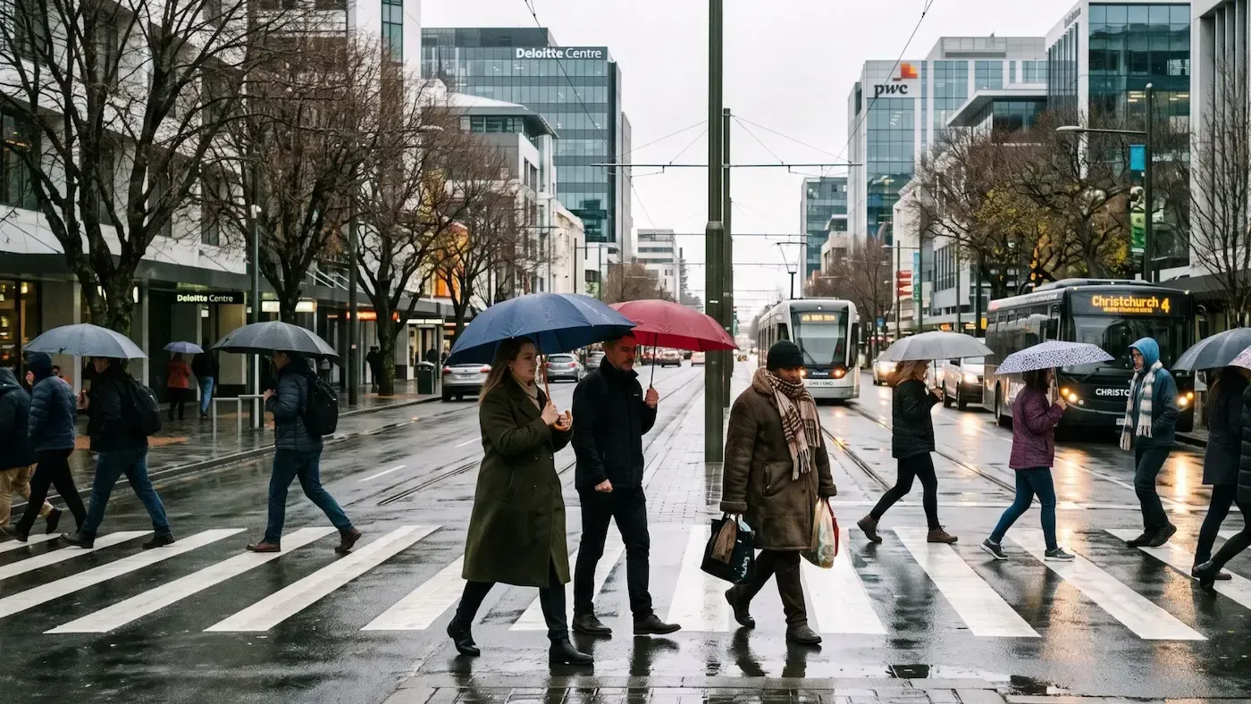 Pedestrians with umbrellas cross a wet city street in the rain