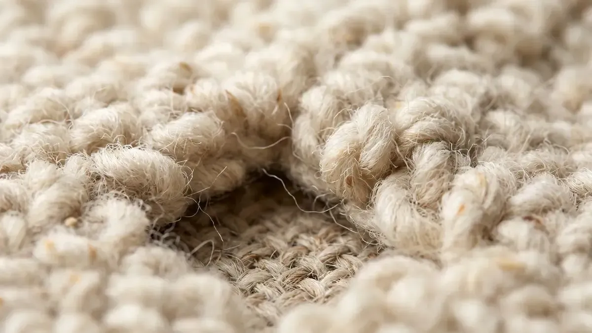 Close-up of a beige woven carpet with a small hole in the center