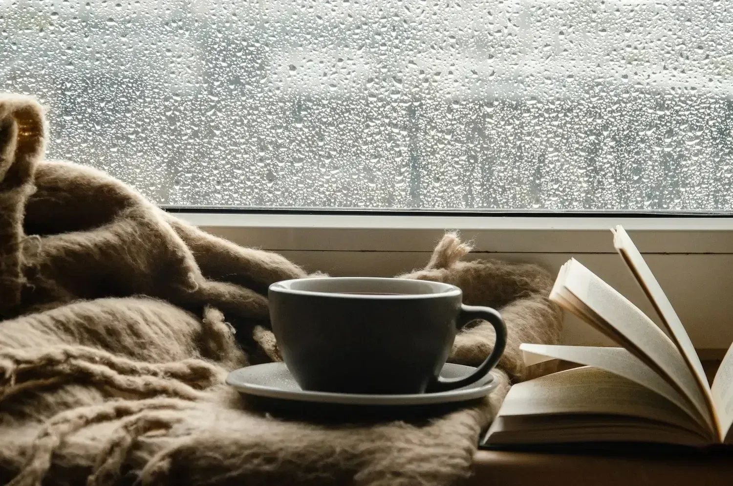 Cozy windowsill still life with a steaming cup, open book, and blanket by a rainy window
