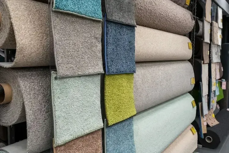 Rolls of carpet are stacked on top of each other in a store.