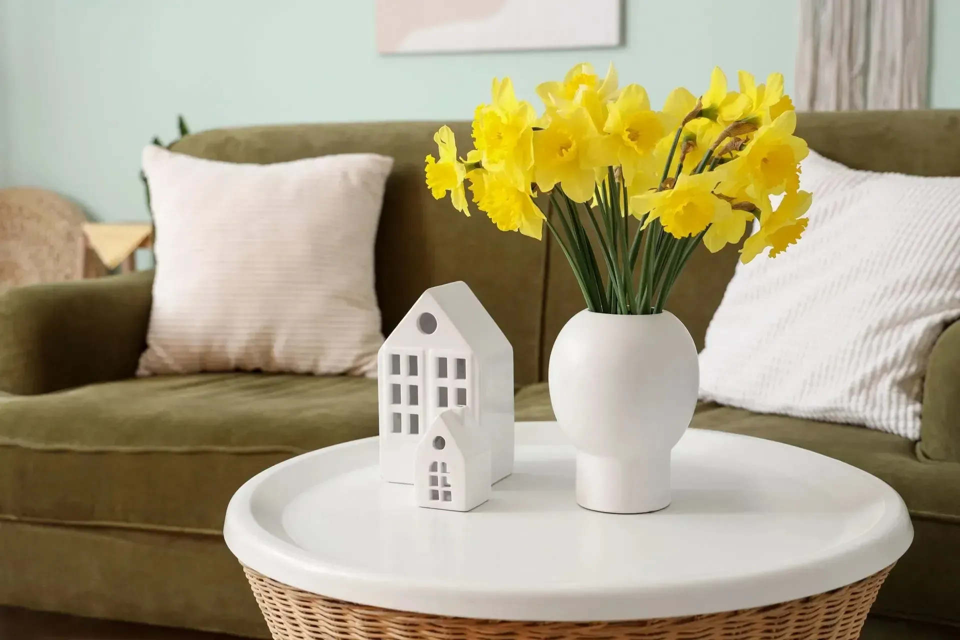 Yellow daffodils in a white vase on a round table, with a green couch and house figurines in the background.