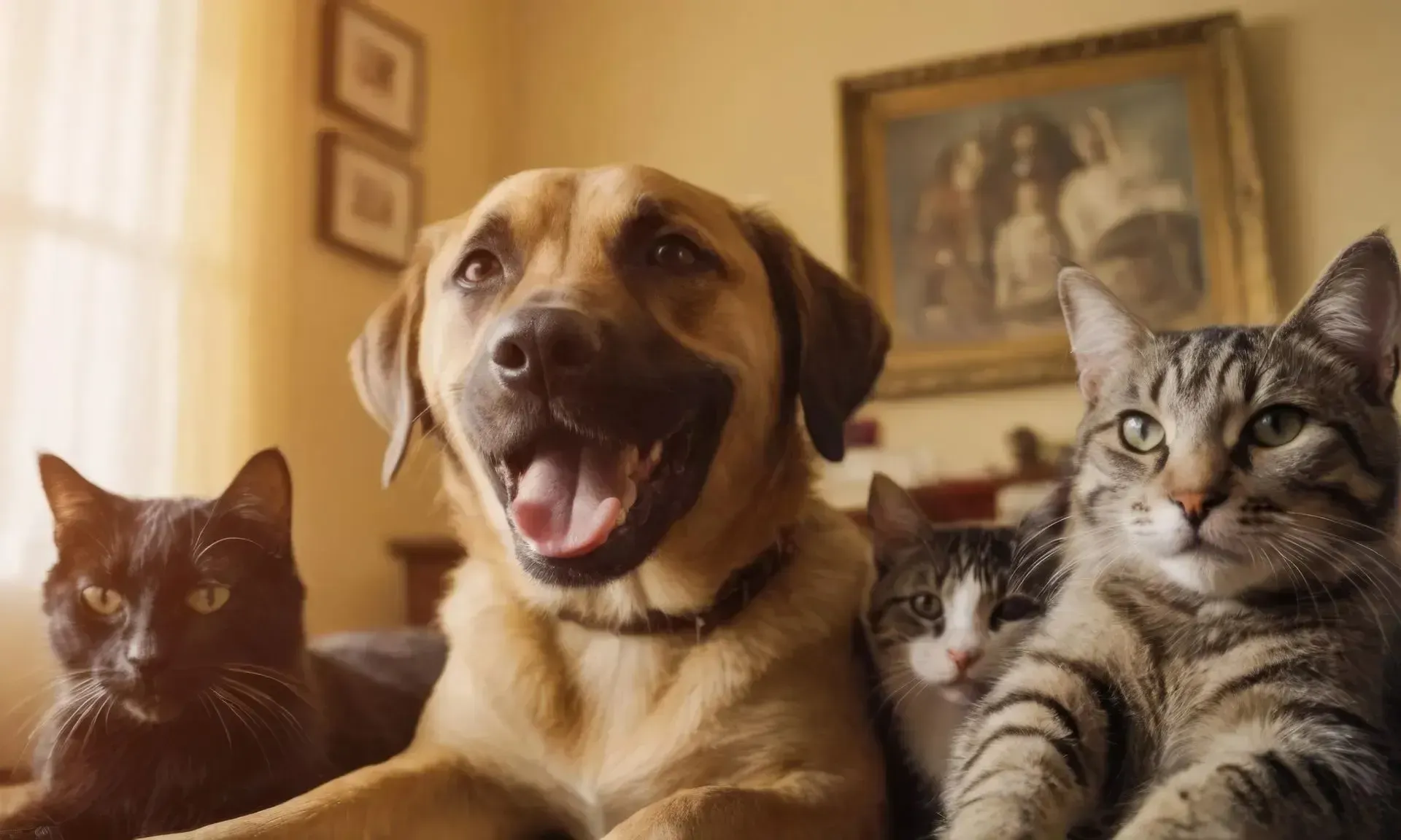 Dog smiling, flanked by three cats indoors, near a framed picture.