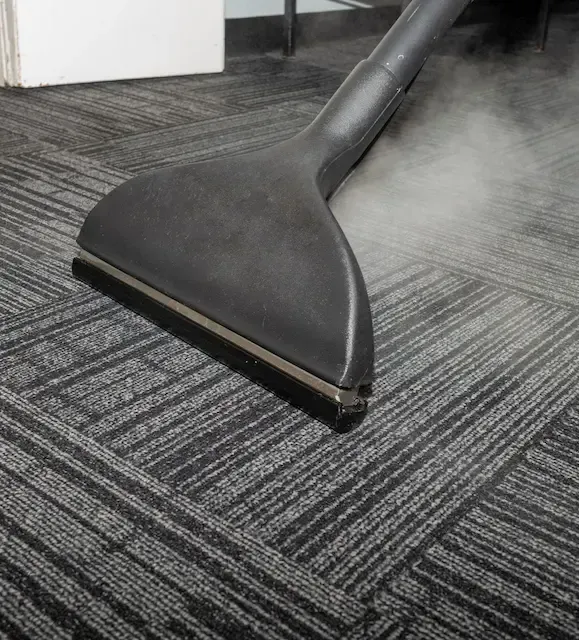 A vacuum cleaner is being used to clean a carpet.