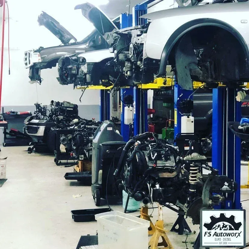 Car repair shop with cars lifted on blue hydraulic lifts and exposed undercarriages in a service bay