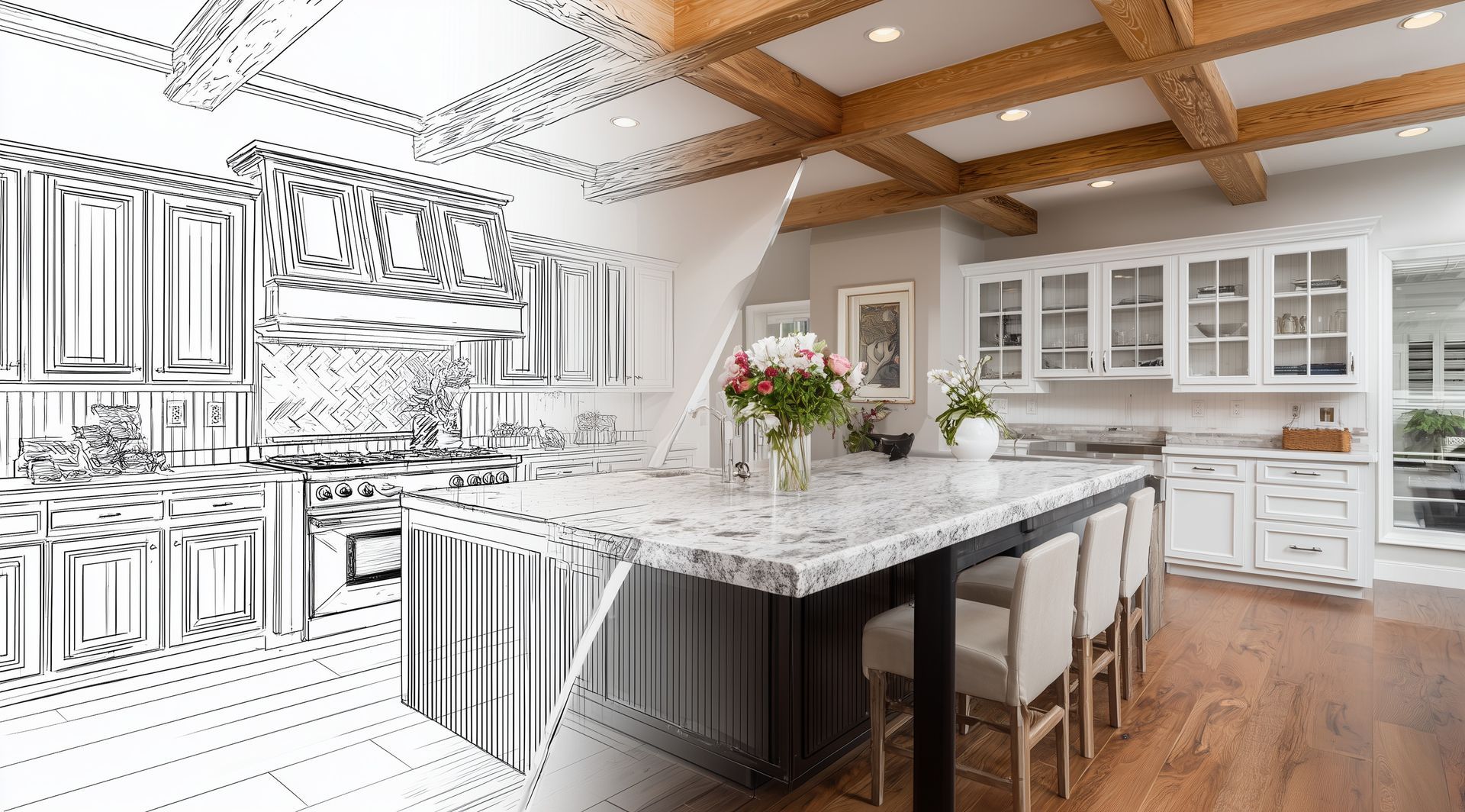 Modern kitchen transition from sketch design to finished interior with island seating.