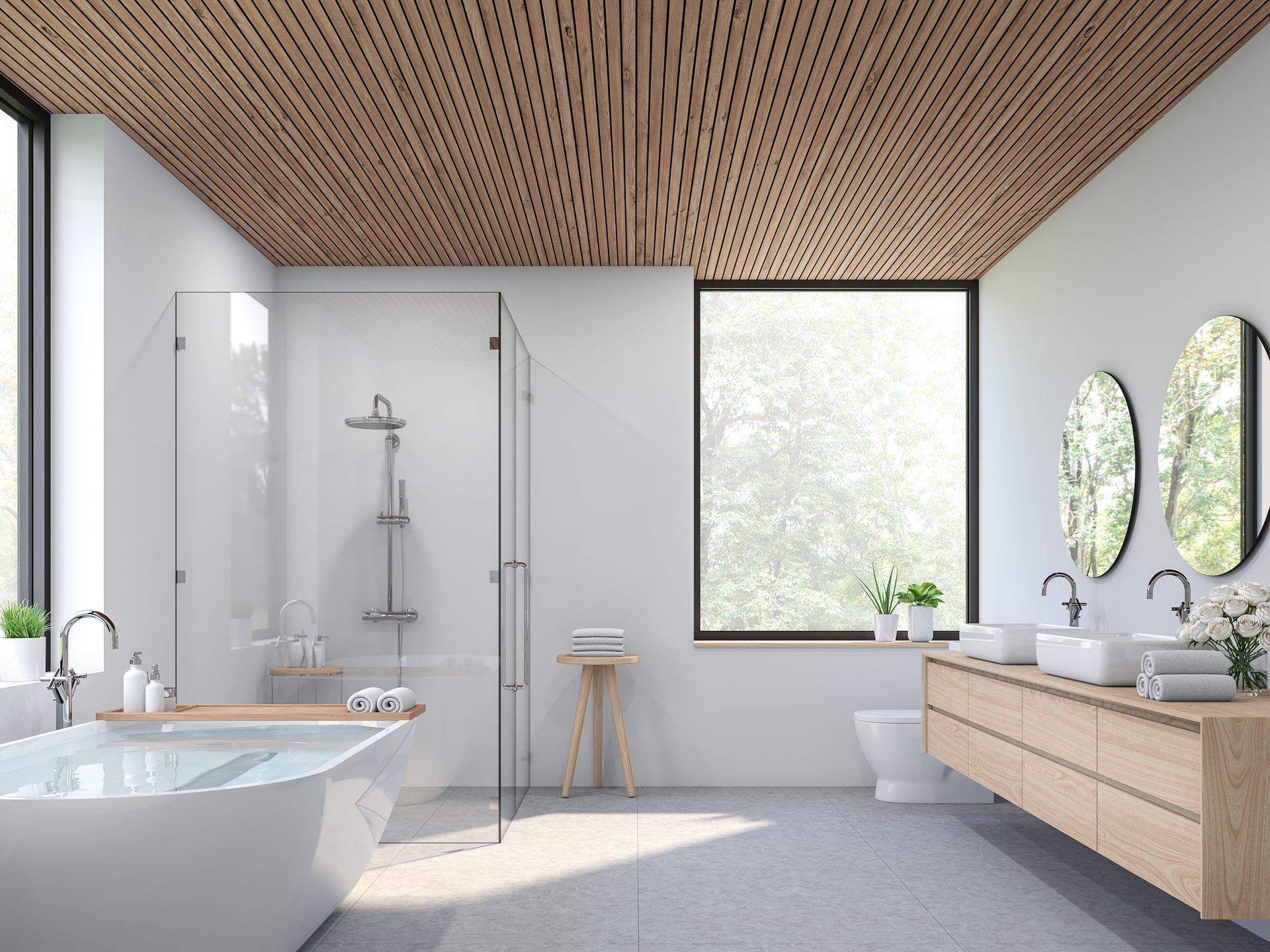 Modern bathroom with wood ceiling, white walls, large windows, bathtub, shower, double vanity. Modern bathroom with wood ceiling, white walls, large windows, bathtub, shower, double vanity.