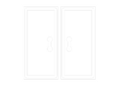 Two white doors with circular handle cutouts.