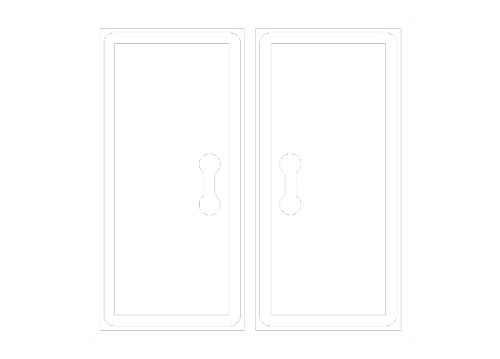 Two white rectangular doors with stylized handles.