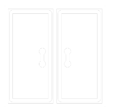 Two white rectangular doors with stylized handles.