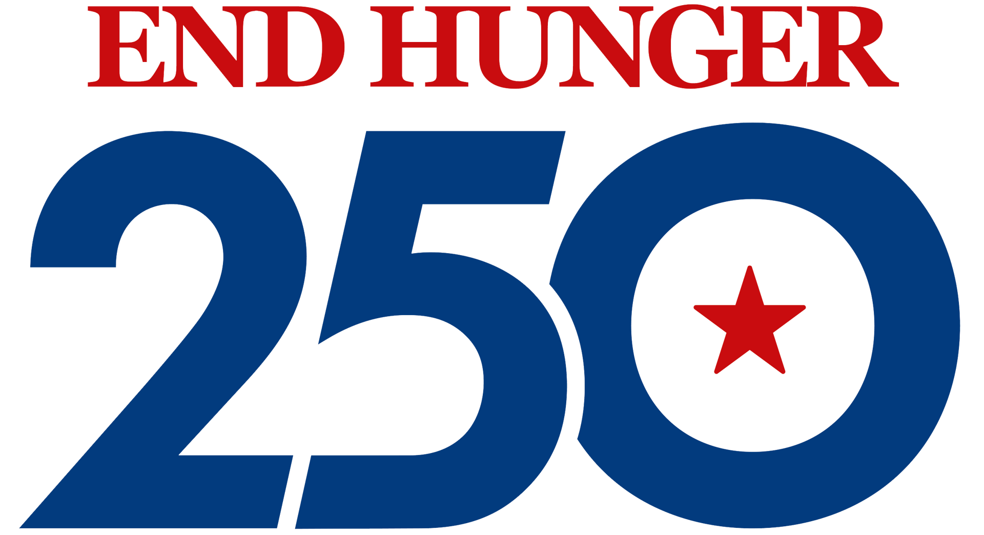 END HUNGER 250 logo with blue “250” and red star in the zero