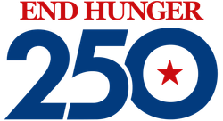 END HUNGER 250 logo with blue “250” and red star in the zero
