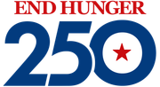 End Hunger 250 logo with large blue “250” and red star in the zero on a white background