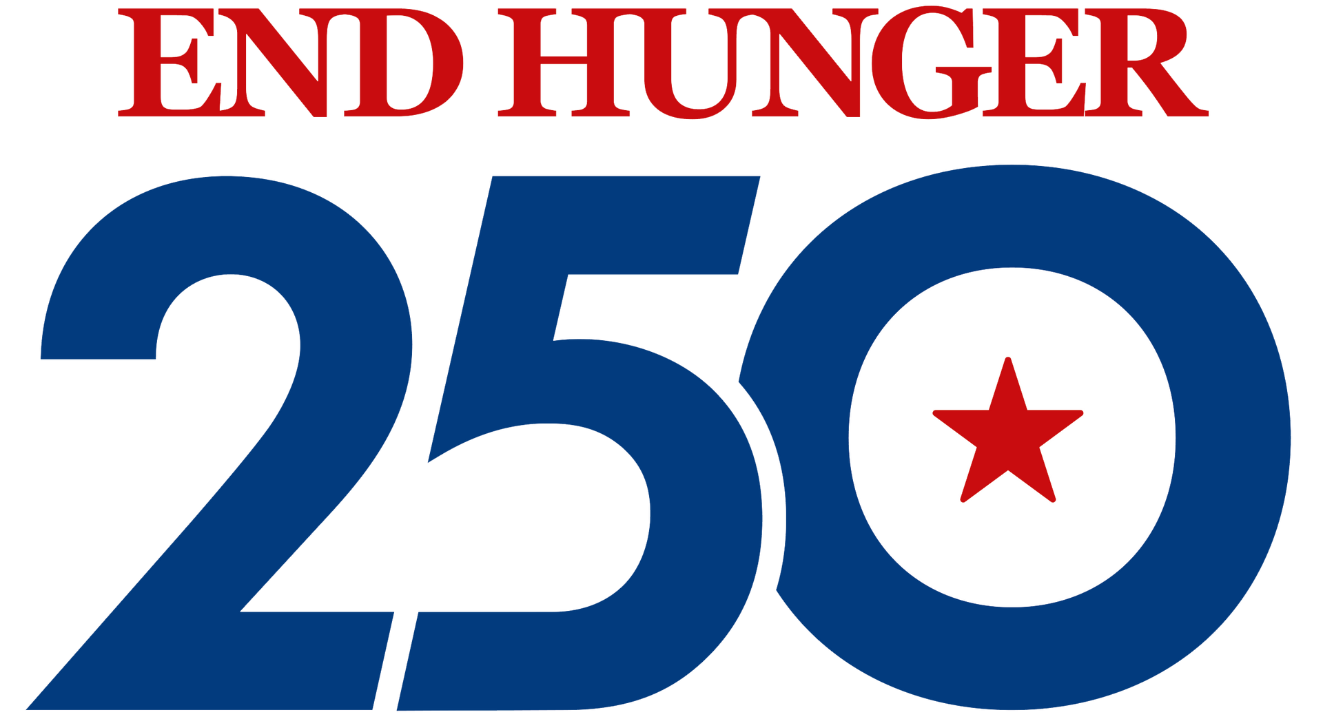 End Hunger 250 logo with large blue “250” and red star in the zero on a white background