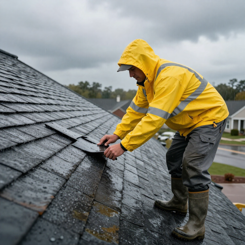 Worker in a yellow rain jacket repairing a shingled roof in wet, cloudy weather.