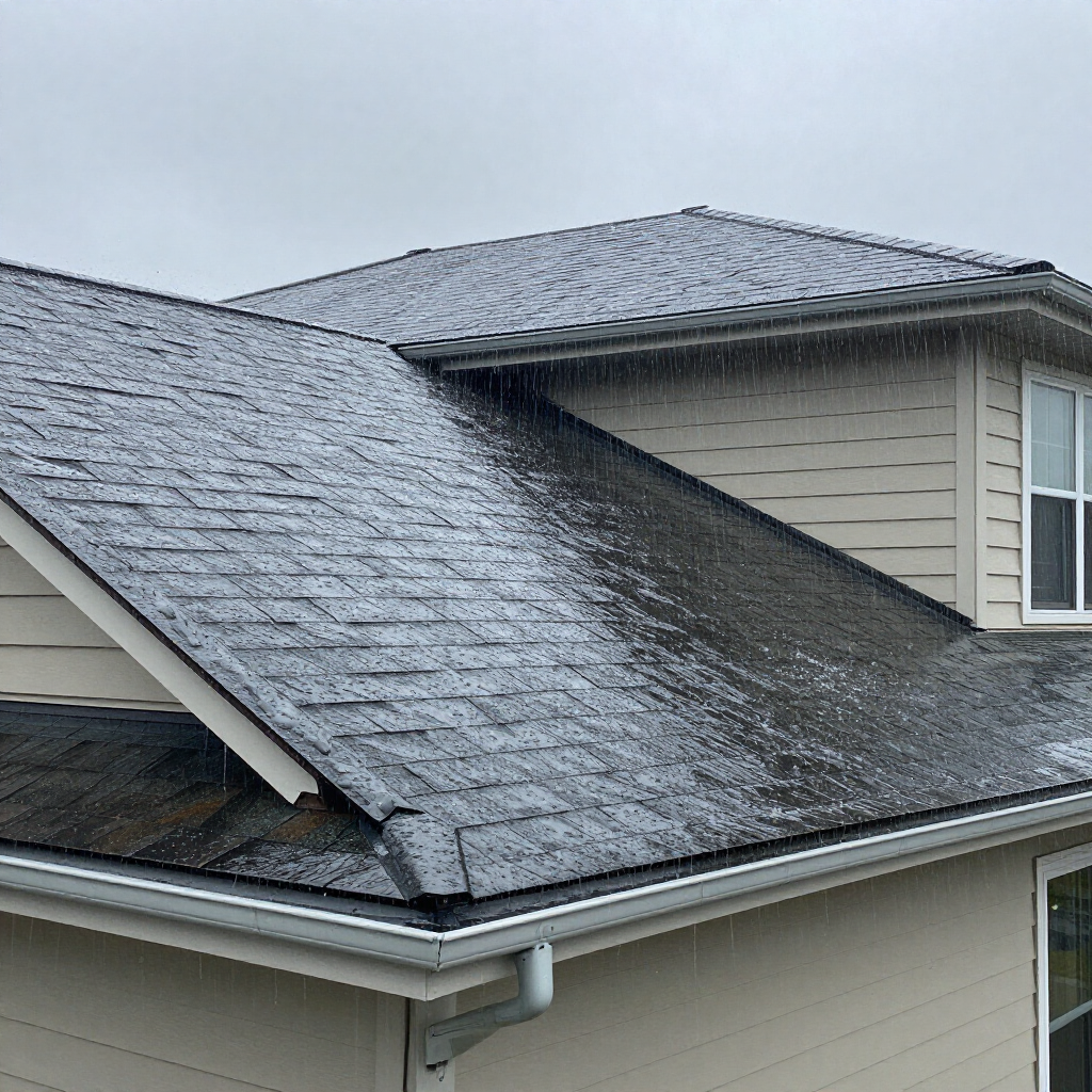 Snow-dusted dark shingle roof on a suburban house under an overcast sky